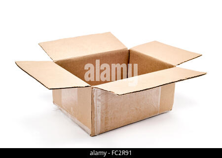 an open used brown cardboard box on a white background Stock Photo