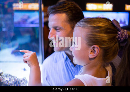 Daughter lookingand father looking at fish in tank Stock Photo