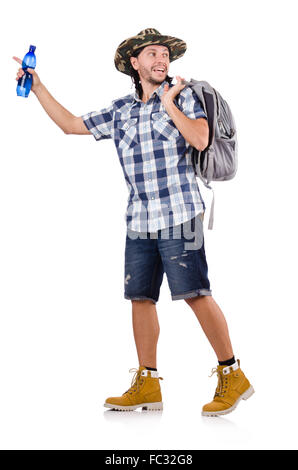 Young traveler with rucksack isolated on white Stock Photo