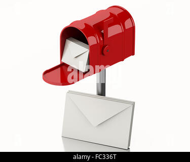 3d Red mail box with heap of letters. Stock Photo