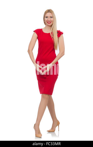 Blond woman in scarlet dress isolated on white Stock Photo