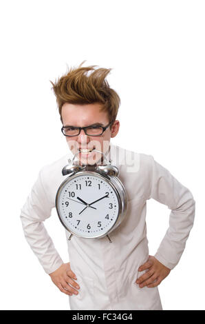 Funny doctor with alarm clock isolated on white Stock Photo