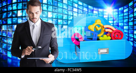 Composite image of concentrated businessman using magnifying glass Stock Photo