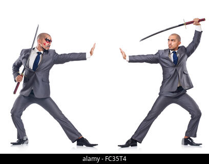 Two men figthing with the sword isolated on white Stock Photo