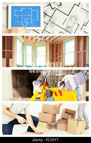 Composite image of handyman holding spirit level Stock Photo