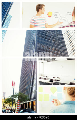 Composite image of rear view of a female artist looking at colorful sticky notes Stock Photo