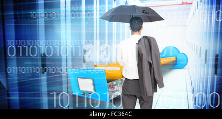 Composite image of businessman standing back to camera holding umbrella and jacket on shoulder Stock Photo