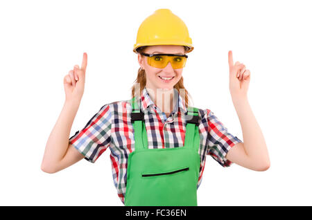 Female handyman in overalls isolated on white Stock Photo