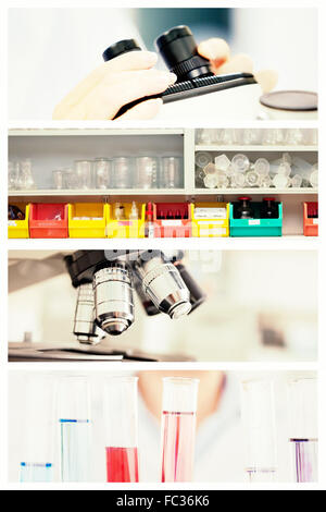 Composite image of close up of a female scientist looking through a microscope Stock Photo