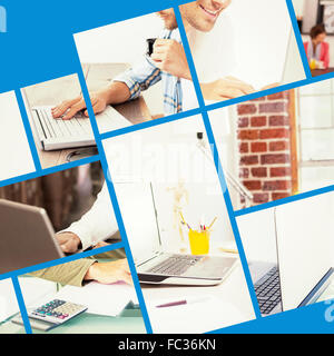 Composite image of man working with laptop and writing Stock Photo