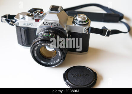 Canon AV-1 35mm analogue camera and Canon FD lens 50mm f/1.8 close up  Model Release: No.  Property Release: No. Stock Photo