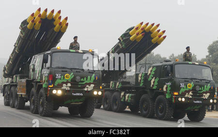 New Delhi, India. 20th Jan, 2016. Self-propelled rocket launchers of Indian Army march at a rehearsal of Indian Republic Day Parade at Rajpath in downtown New Delhi, India, Jan. 20, 2016. Credit:  Stringer/Xinhua/Alamy Live News Stock Photo