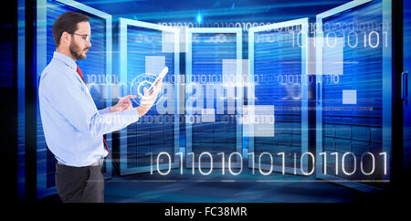 Composite image of businessman scrolling on his digital tablet Stock Photo