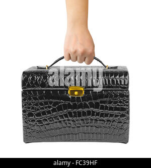 Black leather bag in hand Stock Photo