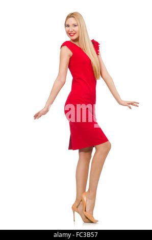 Blond woman in scarlet dress isolated on white Stock Photo