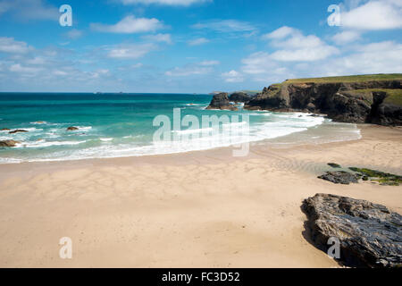 Porthcothan near Padstow in North Cornwall with views over the Camel Estuary was used to portray Nampara Cove in TV,s Poldark Stock Photo