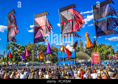 Melbourne-based, world-renowned performing arts co. Strange Fruit perform unique, large- scale visual spectacles on 5m. poles Stock Photo