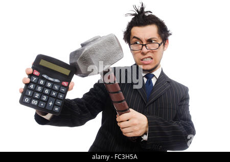 Young employee holding calculator isolated on white Stock Photo