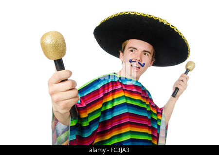 Funny young mexican shaking maracas isolated on white Stock Photo