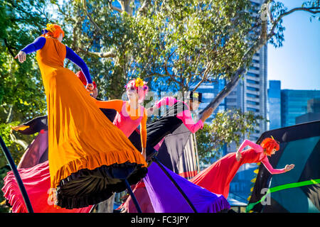 Melbourne-based, world-renowned performing arts co. Strange Fruit perform unique, large- scale visual spectacles on 5m. poles Stock Photo