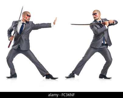 Two men figthing with the sword isolated on white Stock Photo