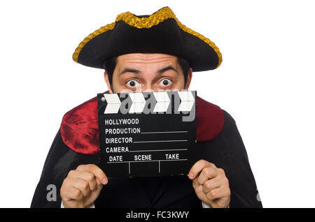 Young pirate holding clapperboard isolated on white Stock Photo