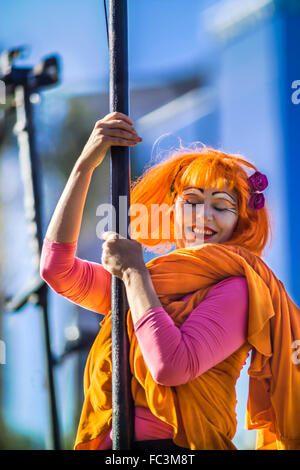 Melbourne-based, world-renowned performing arts co. Strange Fruit perform unique, large- scale visual spectacles on 5m. poles Stock Photo