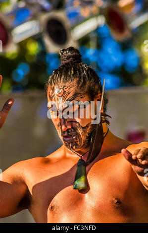 Maori performers doing the haka (war dance) at Melbourne Festival, Australia Stock Photo