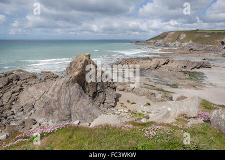 Overlooking the beach at Gunwalloe Church Cove Cornwall on the Lizard Peninsula south west England ,used in TV's Poldark, Stock Photo