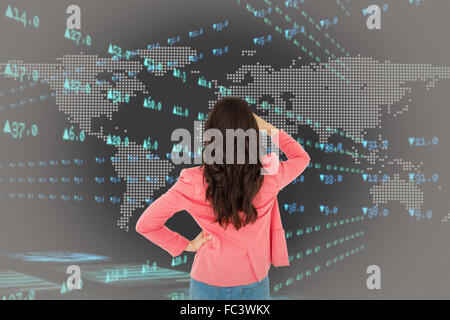 Composite image of elegant brunette standing back to camera and looking away Stock Photo