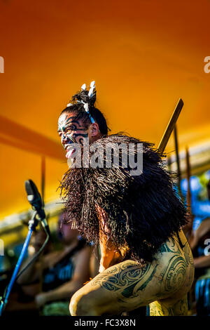 Maori performers doing the haka (war dance) at Melbourne Festival, Australia Stock Photo