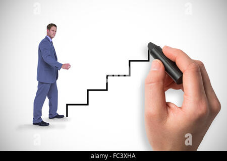 Composite image of businessman walking while gesturing with hands Stock Photo