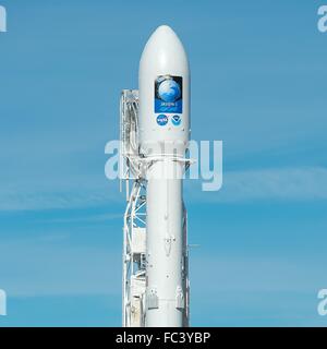 The SpaceX Falcon 9 rocket is ready for launch at Vandenberg Air Force Base Space Launch Complex 4 East with the Jason-3 spacecraft onboard January 16, 2016 in Vandenberg, California. Stock Photo