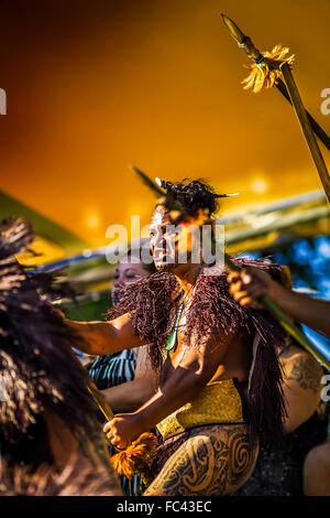 Maori performers doing the haka (war dance) at Melbourne Festival, Australia Stock Photo