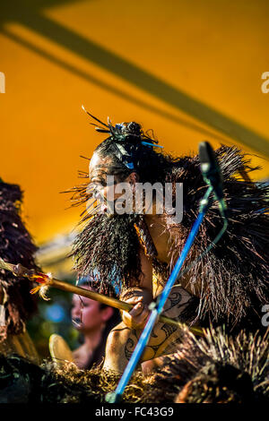 Maori performers doing the haka (war dance) at Melbourne Festival, Australia Stock Photo