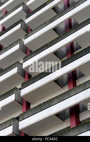 Balconies on the facade of a concrete high rise apartment building Stock Photo