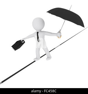3D man balancing on the rope with umbrella Stock Photo