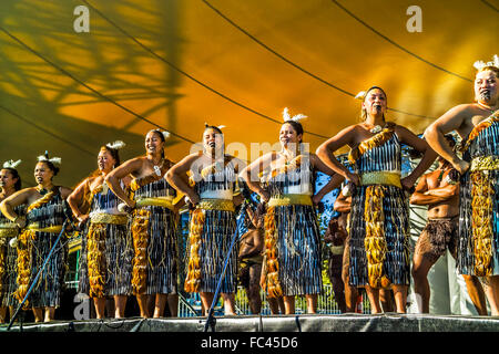 Female Maori performers doing the haka (war dance) at Melbourne Festival, Australia Stock Photo