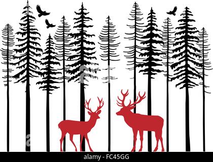 Fir tree forest with reindeer, Christmas card, vector illustration Stock Vector