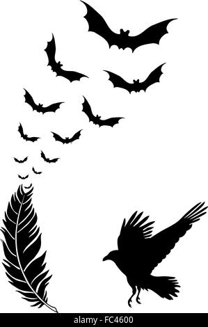 Raven feather with flying Halloween bats, vector Stock Vector