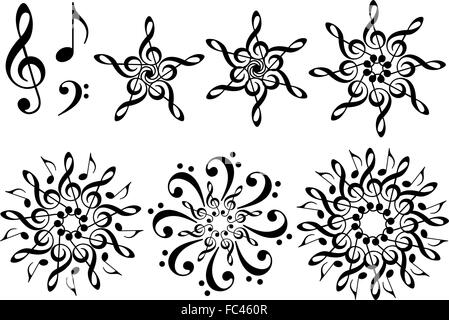 music flowers with treble clef and musical notes, set of vector design elements Stock Vector