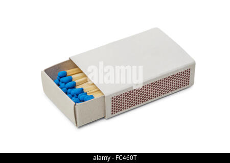 Matchbox with blue matches isolated on white background Stock Photo
