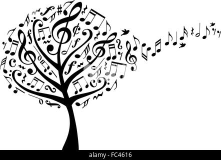 music tree with treble clefs and flying musical notes, vector illustration Stock Vector