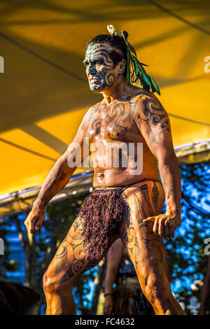 Maori performers doing the haka (war dance) at Melbourne Festival, Australia Stock Photo