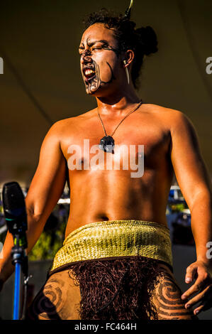 Maori performers doing the haka (war dance) at Melbourne Festival, Australia Stock Photo