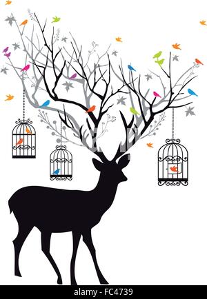 deer with tree antlers, birdcages and birds, vector illustration Stock Vector