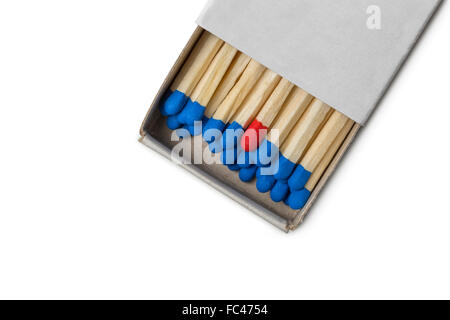 Matchbox with blue and one red matches isolated on white background Stock Photo