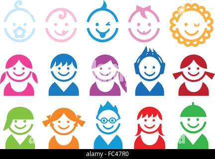 Baby and children faces, character design, vector icon set Stock Vector