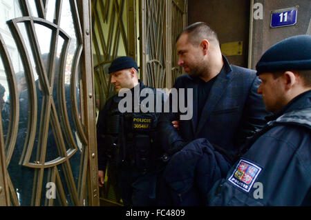 Czech businessman Petr Sisak, not on the photo, and lawyer Ivo Hala, centre, whom the police recently accused in absentia within a case of insolvency fraud, reported to the police today, on Wednesday, January 20, 2016, to give their explanation concerning the alleged manipulation of companies' insolvency, their defence lawyers told CTK. Sisak and Hala are among the 14 people accused within this case that also involves the harming of creditors and influencing of judges. Most of the suspects were arrested during the raid. The police failed to arrest Sisak and Hala during a raid on the Spolchemie Stock Photo