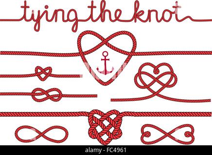 tying the knot, rope hearts for wedding invitation, set of vector design elements Stock Vector